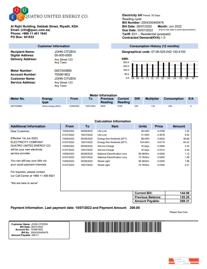 Saudi Quatro United Energy Co. utility bill, Word and PDF template